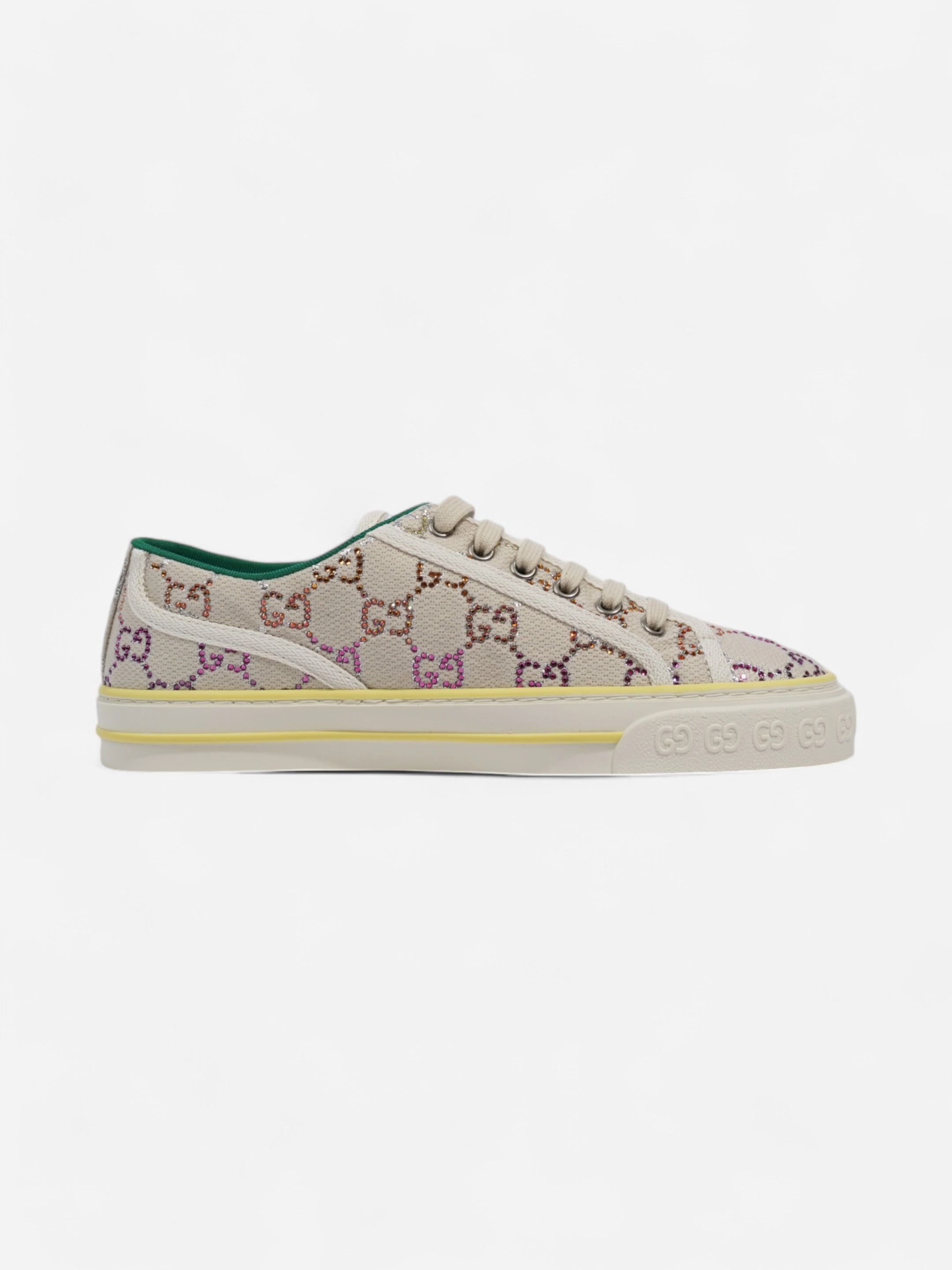Chunky Heel Tennis Shoes Gucci Crystal GG Tennis 1977 White / Multicoloured Canvas EU 38.5 UK 5.5