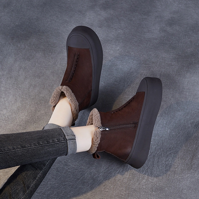 Women Retro Solid Leather Ankle Snow Boots Best Snow Boots With Arch Support