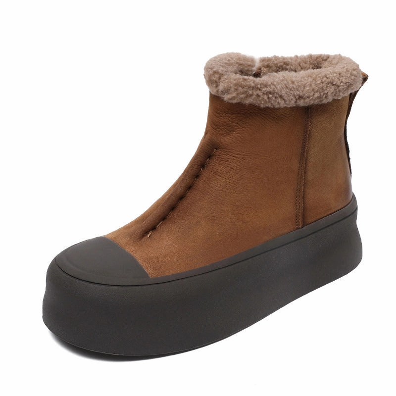 Women Retro Solid Leather Ankle Snow Boots Keep Snow Out Of Boots