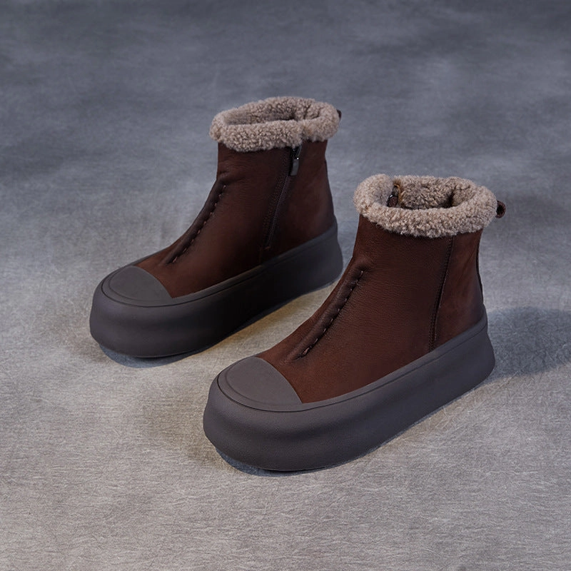 Women Retro Solid Leather Ankle Snow Boots Preppy Snow Boots