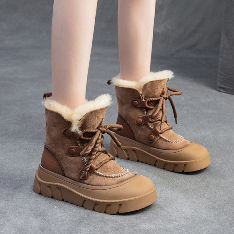 Women Retro Leather Casual Wool Snow Boots Snow Skating Boots