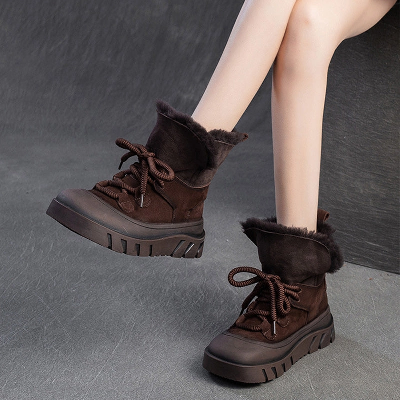Women Solid Cowhide Warm Casual Woolen Snow Boots Vans Snow Surf Boots