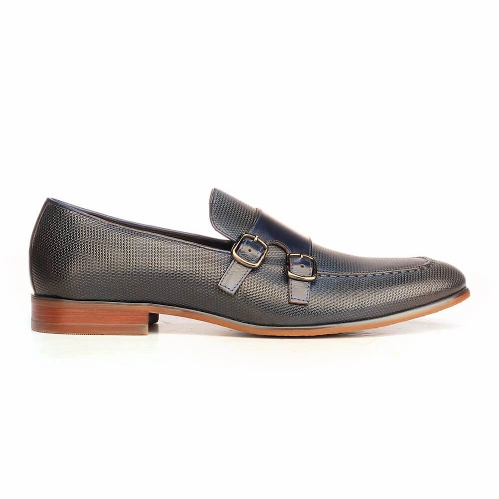 Double Strap Monks For Men - Navy Leather Oxford Brogue Shoes