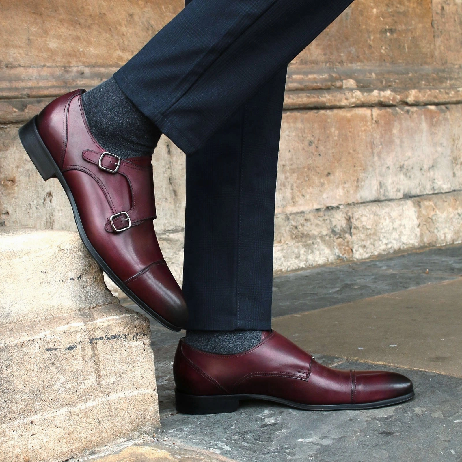 Bourne Monk Strap Oxblood Black And White Leather Brogues