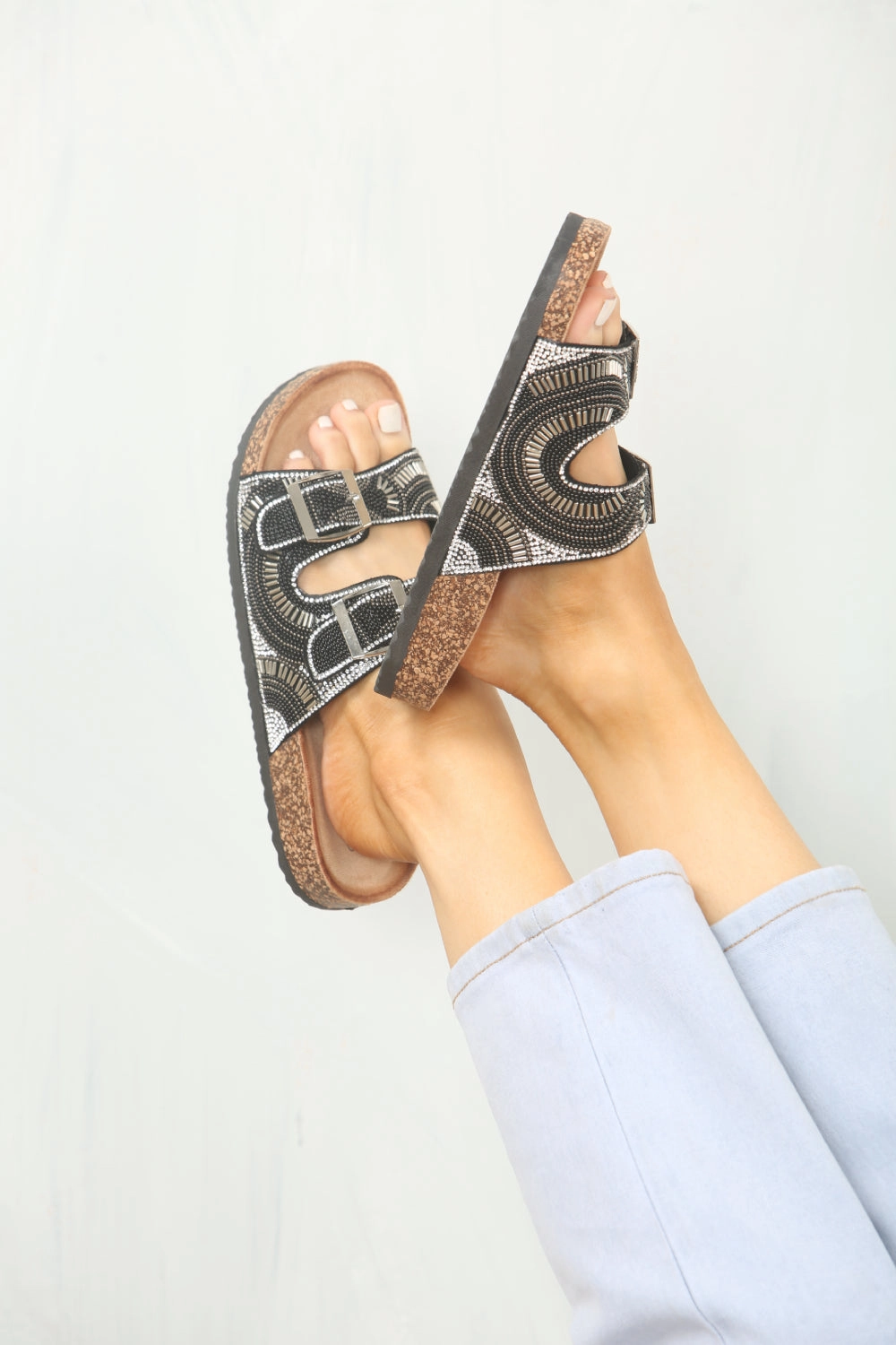 Parisian Mary Jane Shoes BLACK BEADS DETAIL DOUBLE BUCKLE SLIDER SANDALS