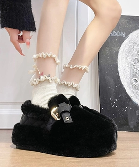 Jambu Mary Jane Shoes Flats Black Fuzzy Wool Lined Platform Stylish Splicing Flat Shoes TQ048