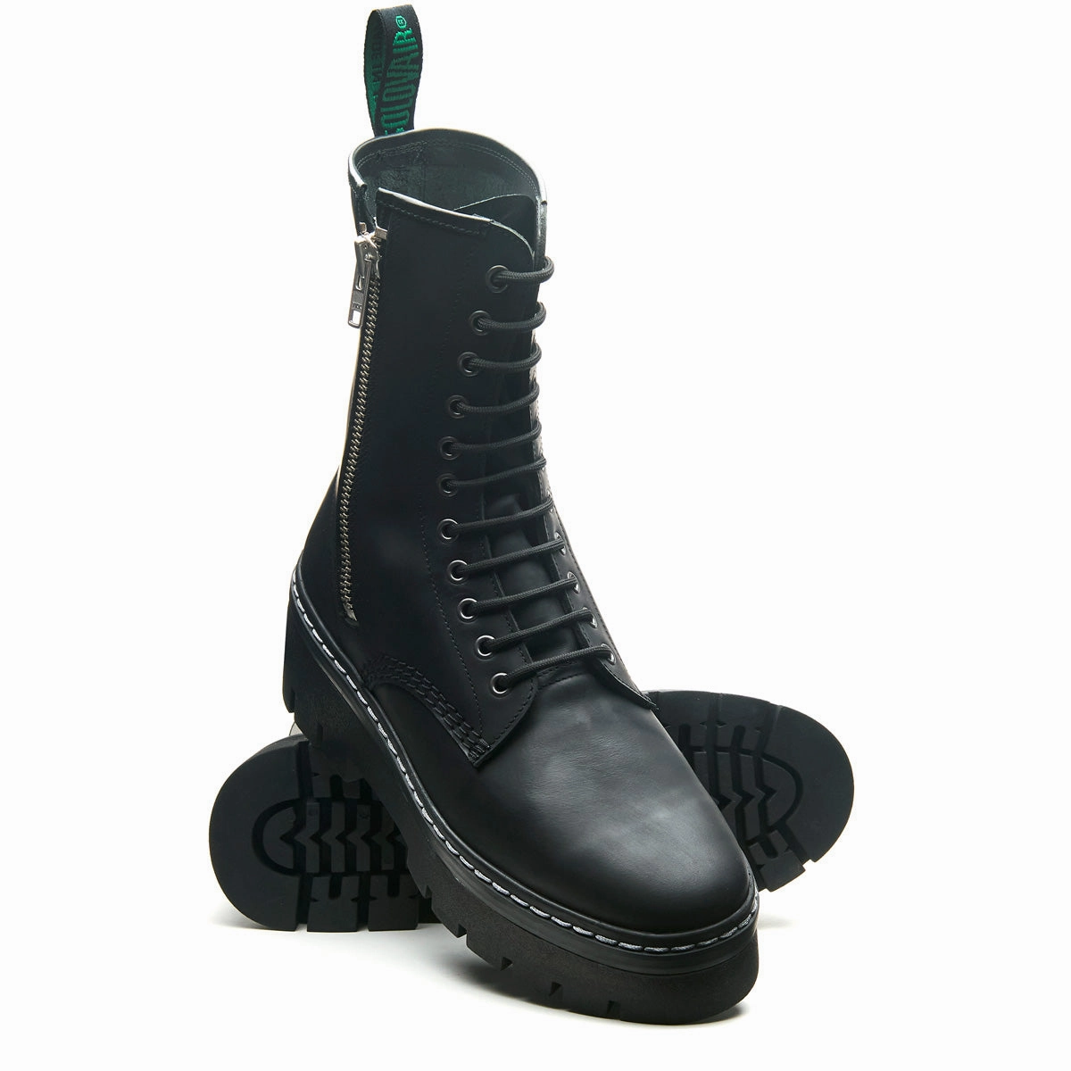 Black Greasy 11 Eye Zipped Platform Derby Boot Time Off Go Lace Up Sneaker