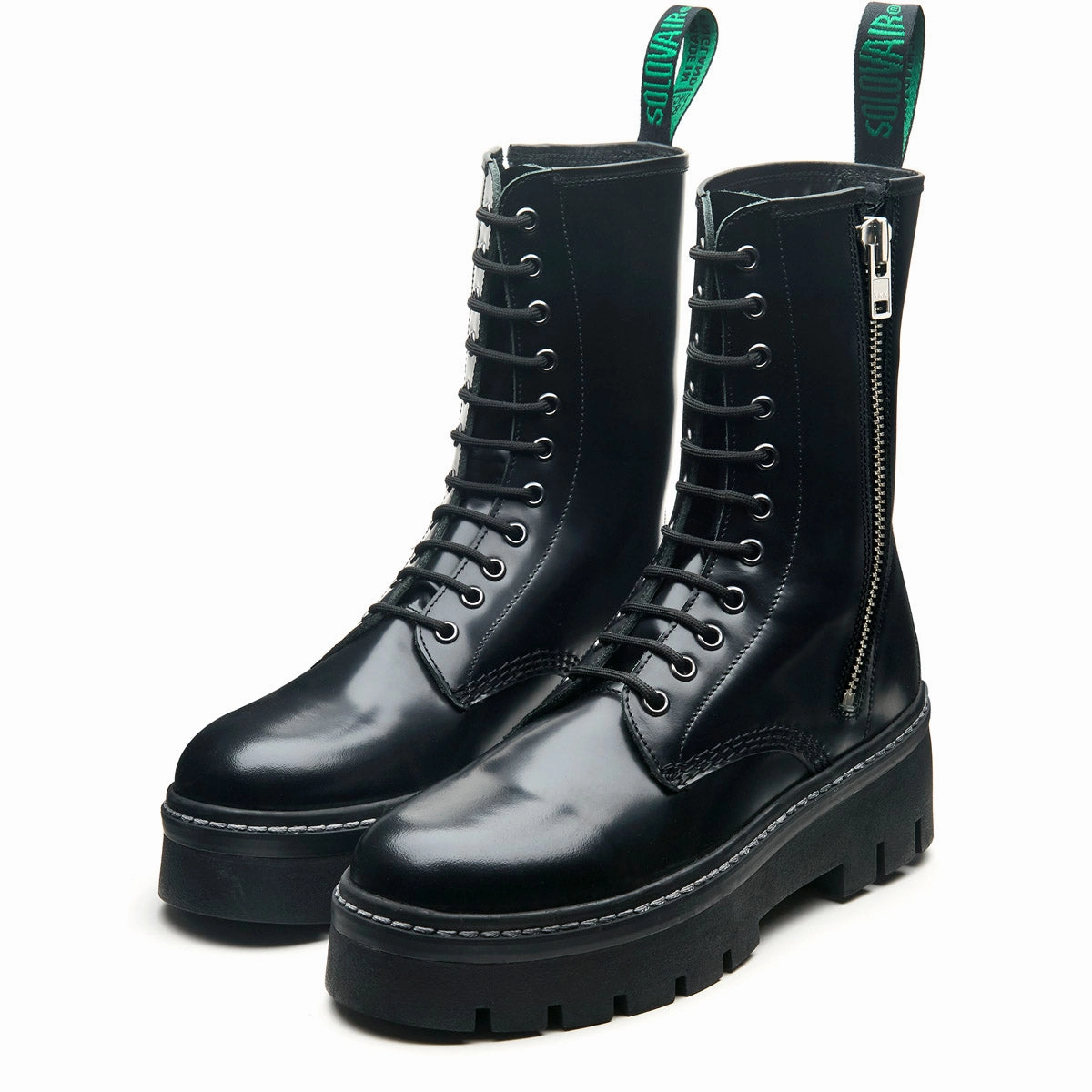 Black Hi-Shine 11 Eye Zipped Platform Derby Boot Posie Lace Up Shoes