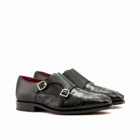 Black Ostrich Leather Double Monk Double Buckle Brogues