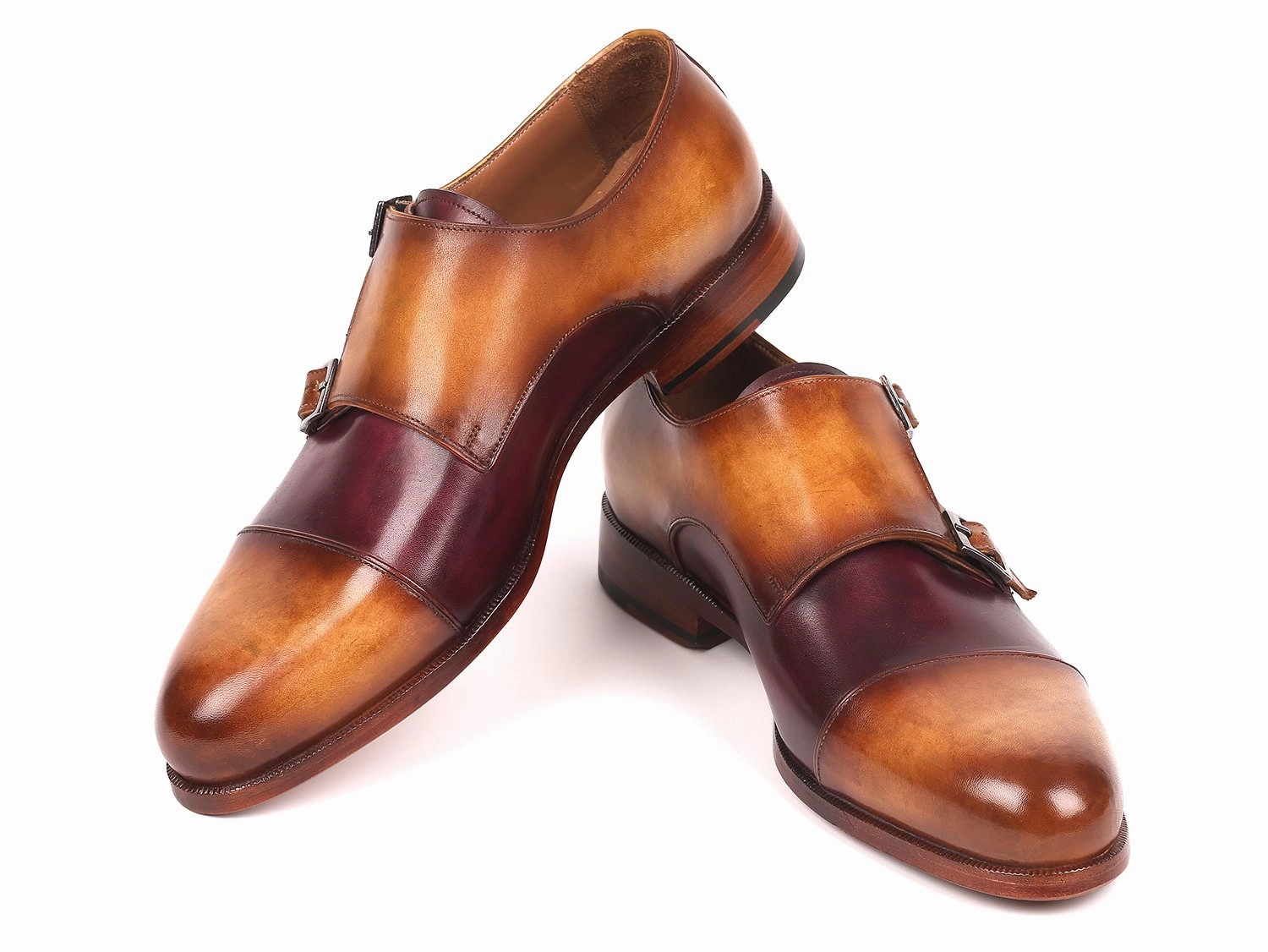 Dancing Brogues Paul Parkman Men's Captoe Double Monkstraps in Brown and Purple