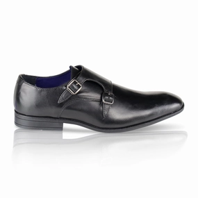 Bourne Leather Double Monk Strap Shoes  - Black Brogue Chaussure