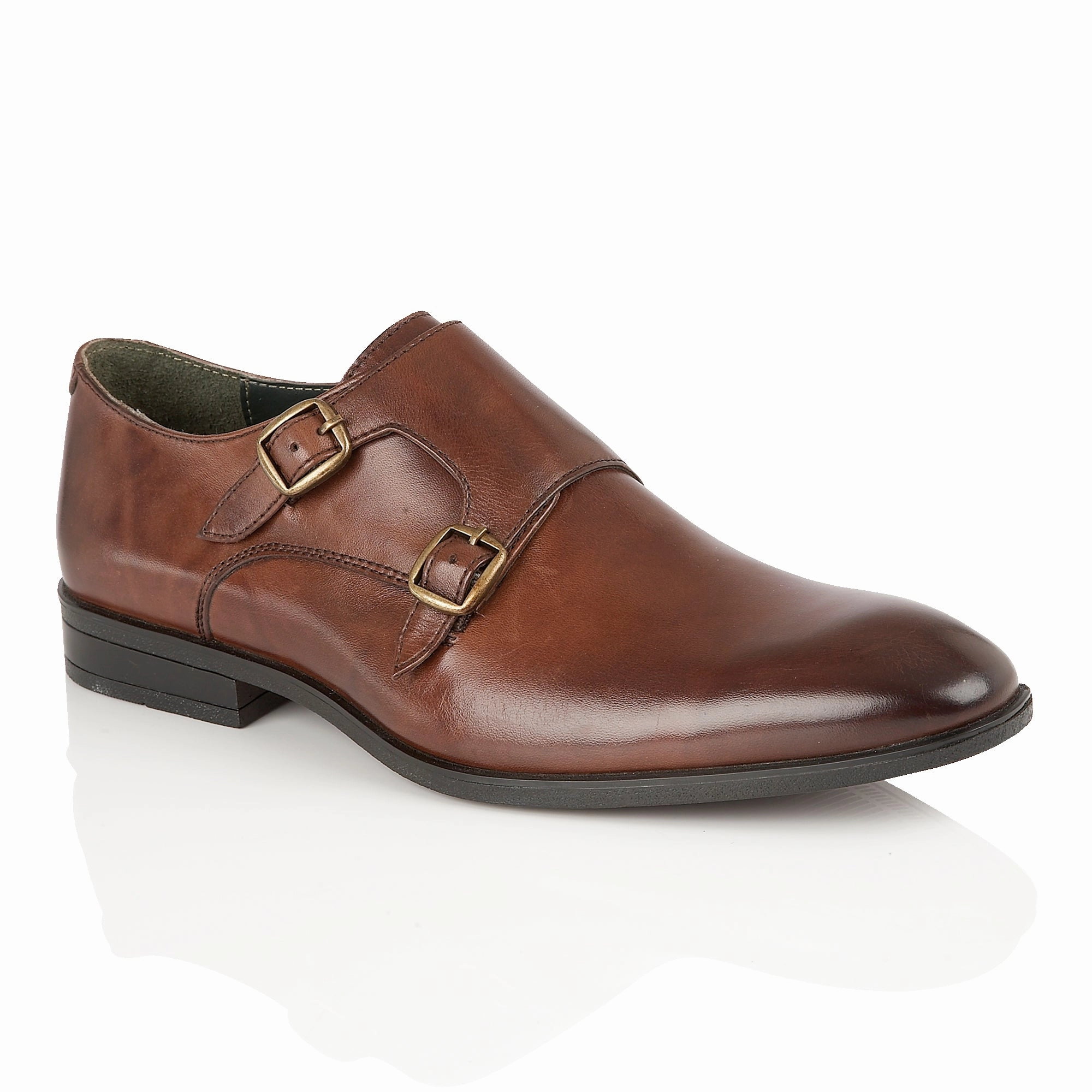 Bourne Leather Double Monk Strap Shoes  - Brown Gold Brogues Uk