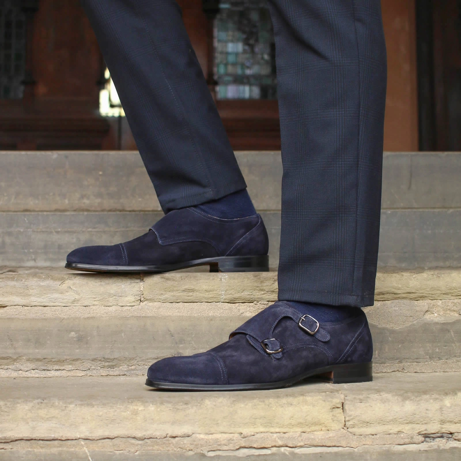 Bourne Monk Strap Navy Blue Suede The Brogue