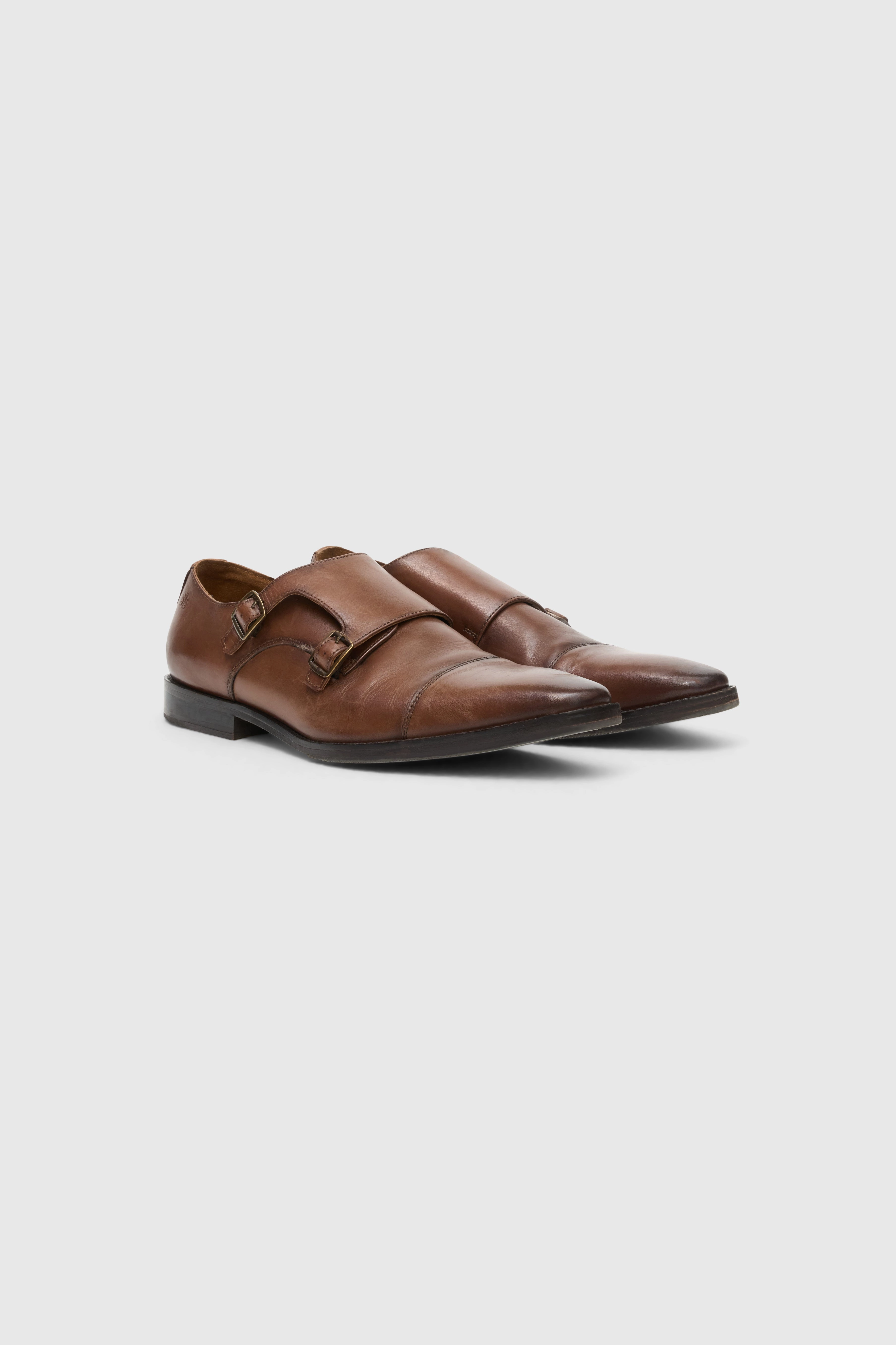 Double Monk Strap Chestnut Brown Shoes High Heeled Brogue Shoes