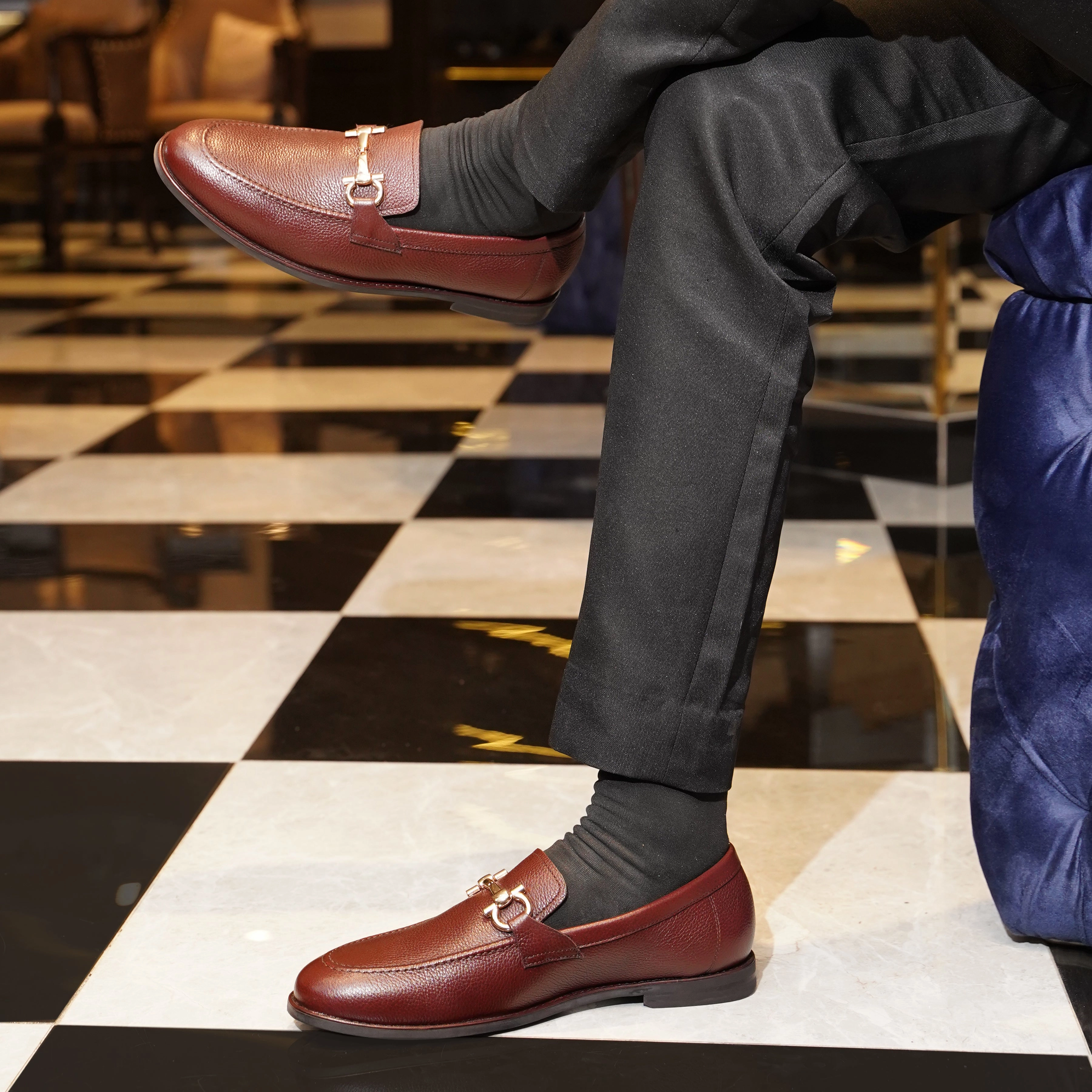 Bucharest -  Men's Oxblood Pebble Grain Leather Loafer Loafers With Grey Suit