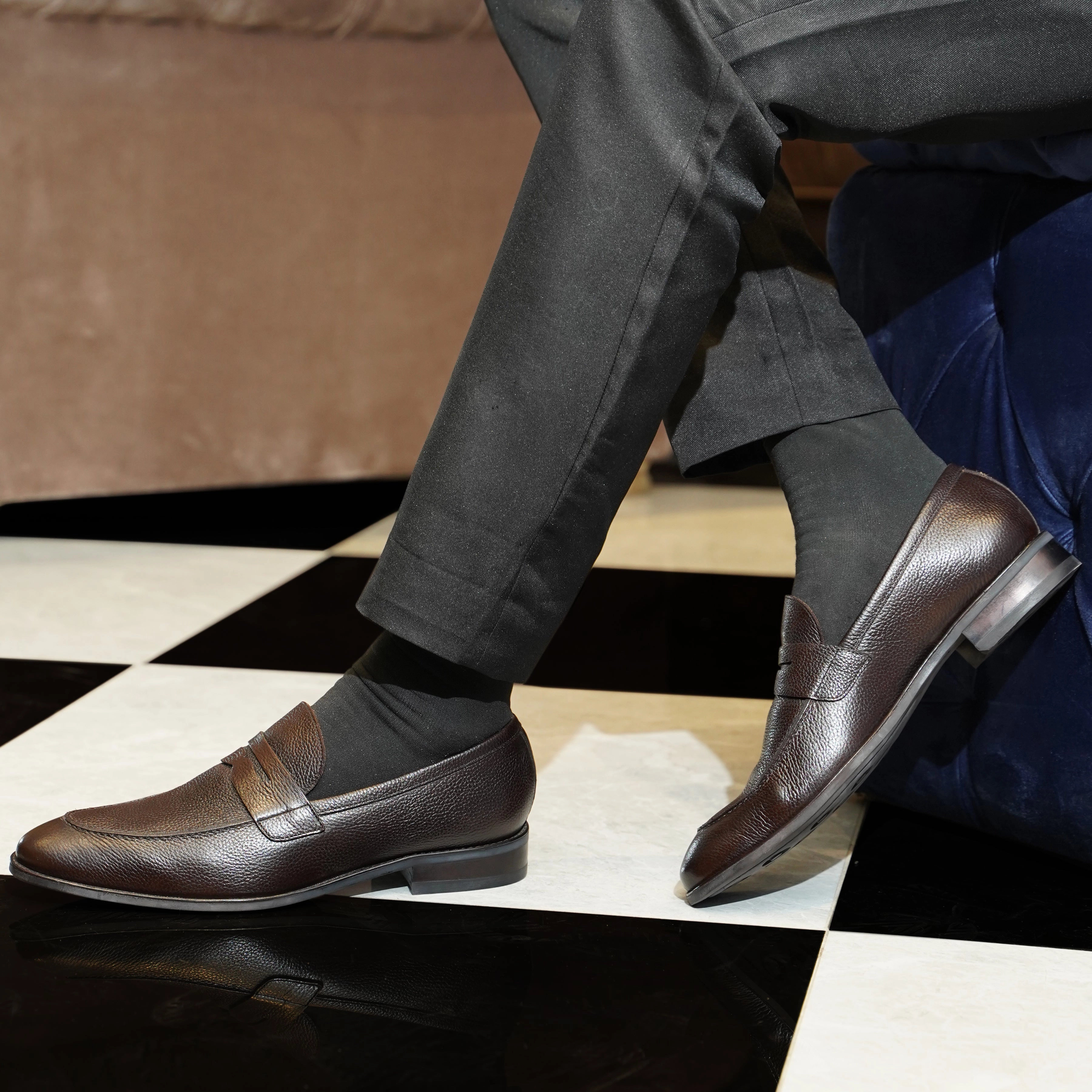 Campania - Men's Dark Brown Pebble Grain Leather Loafer Loafers With Jeans And Socks