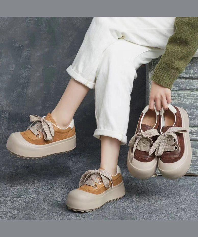 Casual Splicing Platform Flat Shoes Brown Cowhide Leather Lace Up YC019 Square Toe Flat Mary Jane Shoes