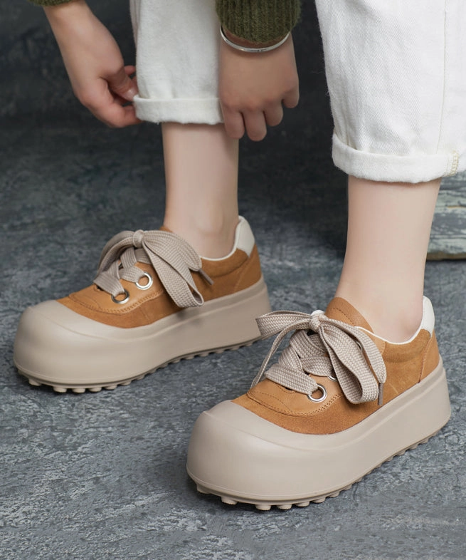 Casual Splicing Platform Flat Shoes Brown Cowhide Leather Lace Up YC019 Teen Mary Jane Shoes