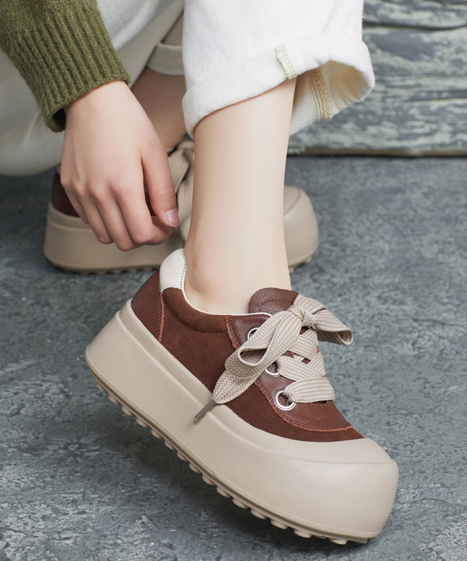 Casual Splicing Platform Flat Shoes Brown Cowhide Leather Lace Up YC019