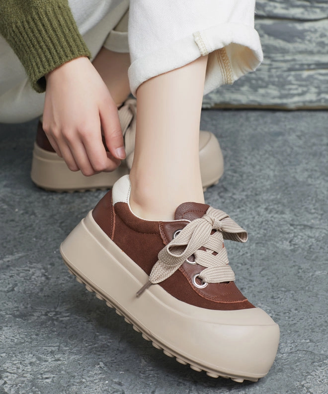 Mary Jane Shoes 9.5 Casual Splicing Platform Flat Shoes Brown Cowhide Leather Lace Up YC019