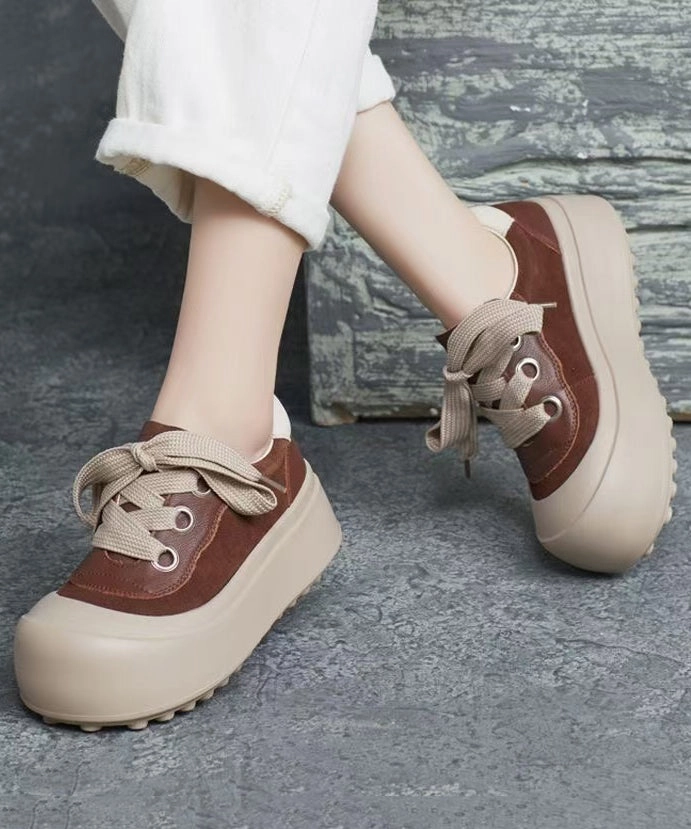 Casual Splicing Platform Flat Shoes Brown Cowhide Leather Lace Up YC019 Mary Jane Shoes Kitty