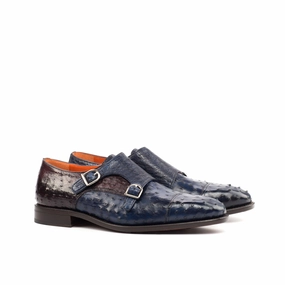 Navy & Burgundy Ostrich Leather Double Monk Archie Brogues