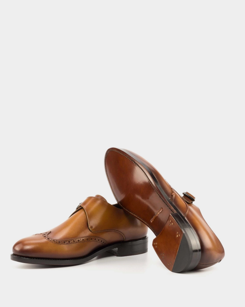 Chris Cognac Calf Single Monk Brown Brogues With Grey Suit