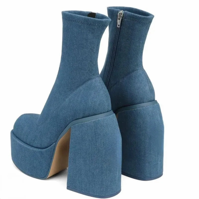 Chunky Jeans Platform Boots Stretchy Mary Jane Shoes
