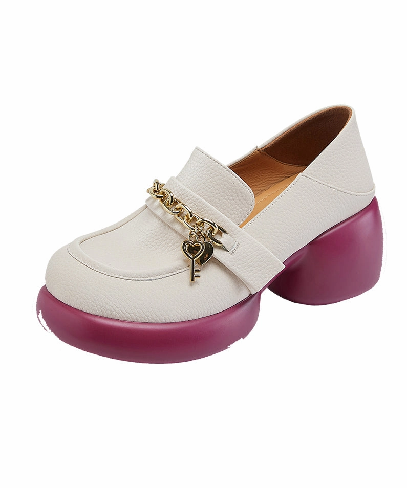 Shop Mary Jane Shoes Leather Loafer Platform Cowhide Splicing Shoes Beige