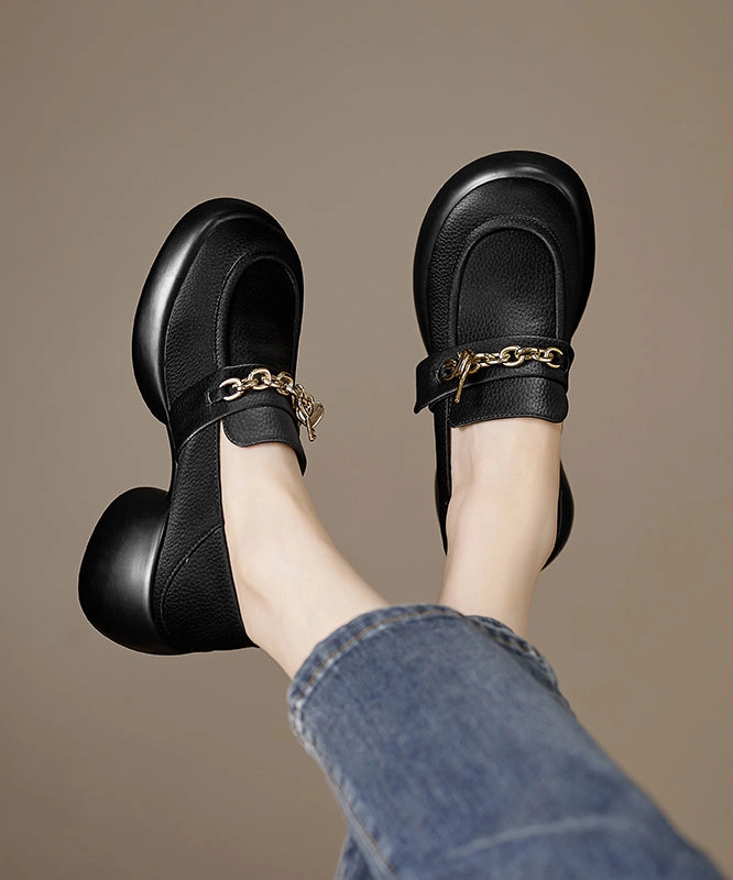 Lightweight Mary Jane Walking Shoes Leather Loafer Platform Cowhide Splicing Shoes Beige