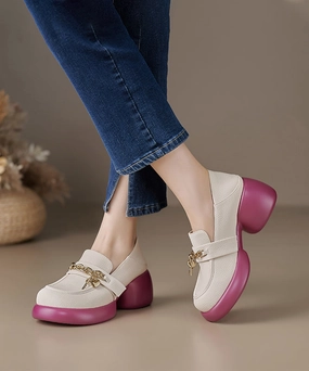 Wide Width Casual Mary Jane Shoe Leather Loafer Platform Cowhide Splicing Shoes Beige