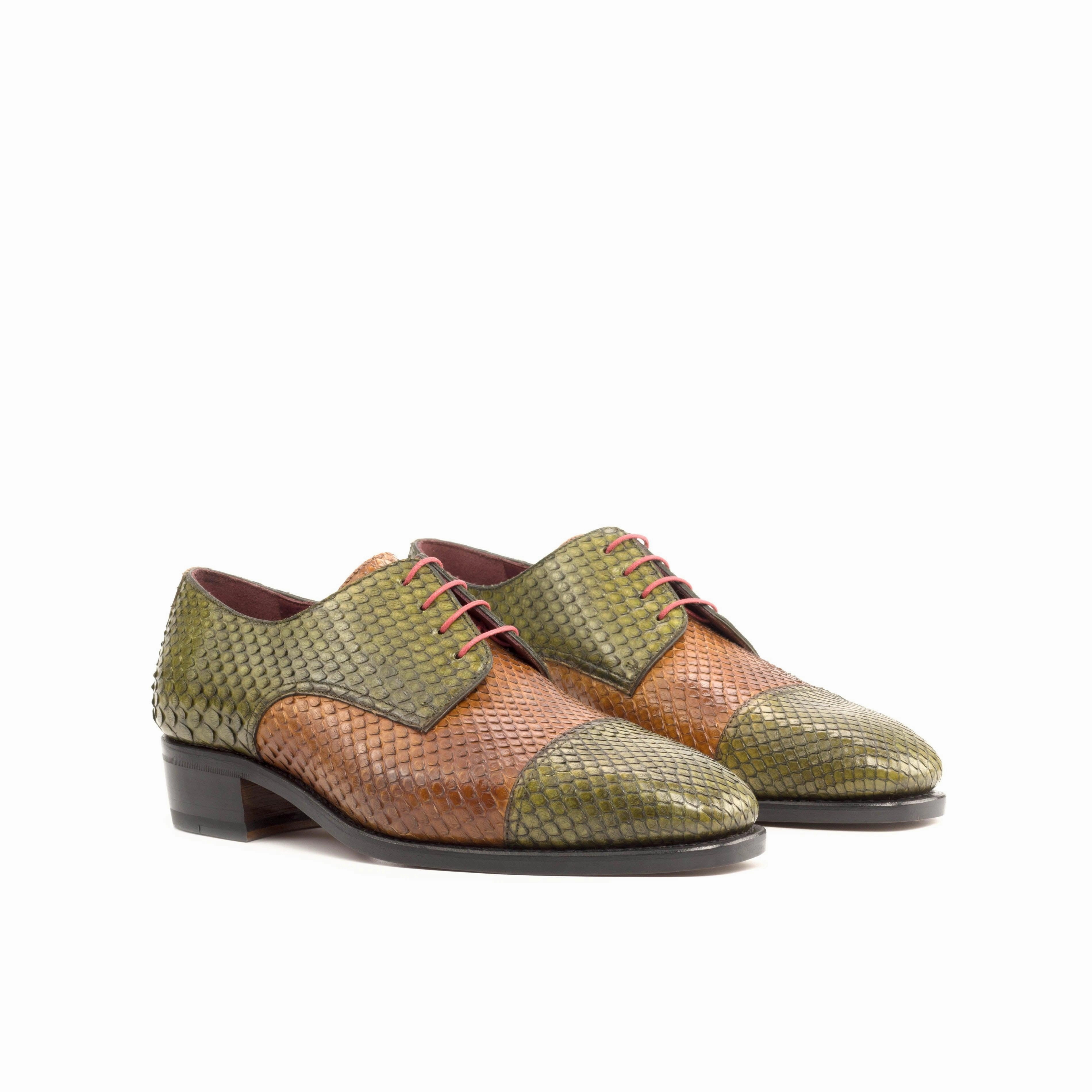 Olive & Cognac Genuine Python Derby Shoes Summer Lace Up Shoes