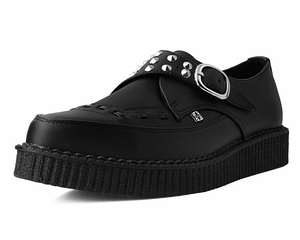 Black TUKskin Studded Buckle Pointed Creeper Black And White Leather Brogues