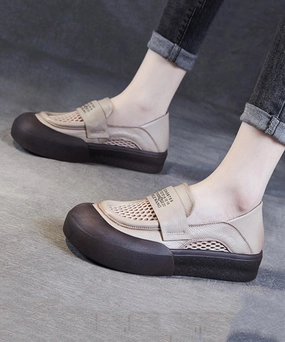 Classy Beige Cowhide Leather Breathable Mesh Splicing Buckle Strap Platform Loafer Shoes JJ016 Mudd Mary Jane Wedges Shoes