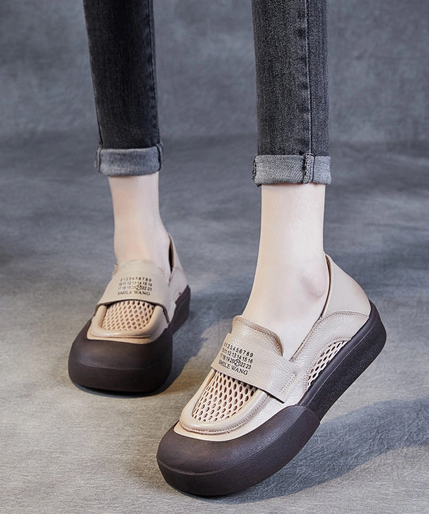 Classy Beige Cowhide Leather Breathable Mesh Splicing Buckle Strap Platform Loafer Shoes JJ016 Mary Jane Shoes Name