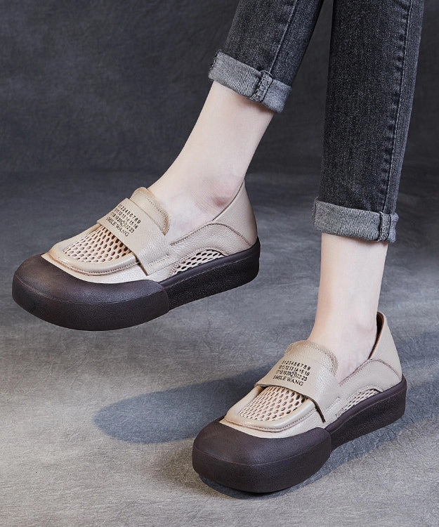 Mooshu Mary Jane Shoes Classy Beige Cowhide Leather Breathable Mesh Splicing Buckle Strap Platform Loafer Shoes JJ016