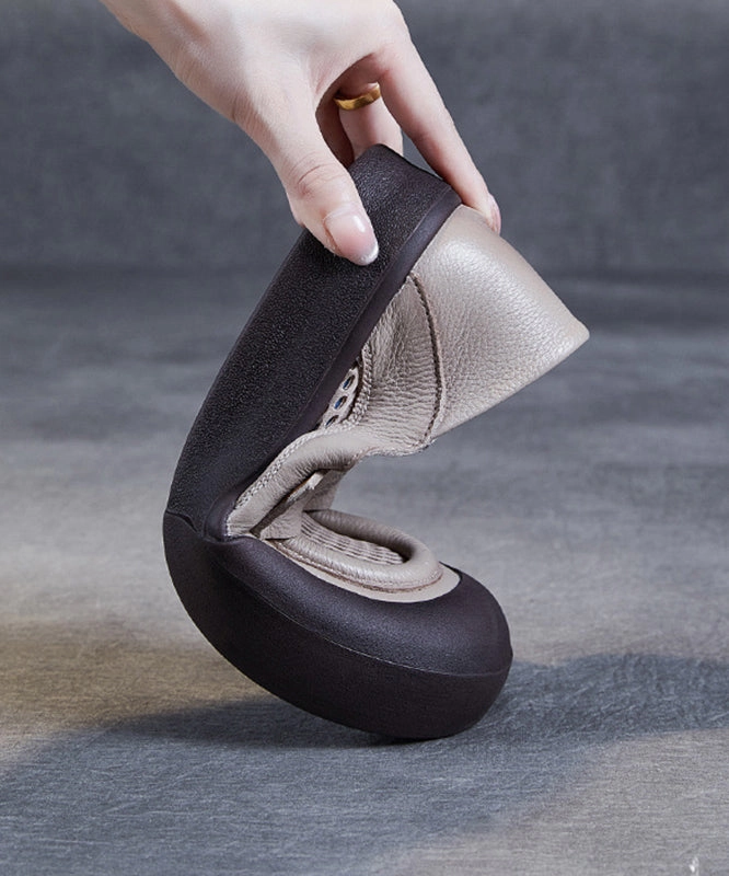 Mary Jane L Classy Beige Cowhide Leather Breathable Mesh Splicing Buckle Strap Platform Loafer Shoes JJ016