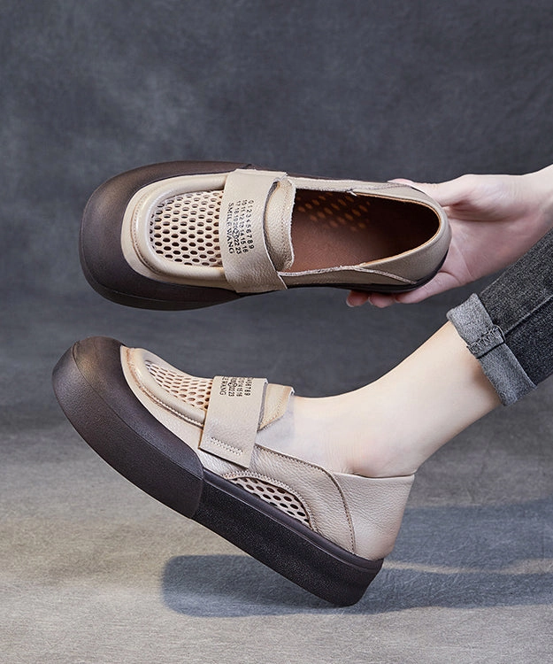 Classy Beige Cowhide Leather Breathable Mesh Splicing Buckle Strap Platform Loafer Shoes JJ016 Wide Feet Mary Jane Shoes