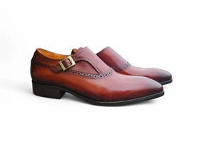 Tan And Navy Brogues Plain Toe Single Monk Loafer