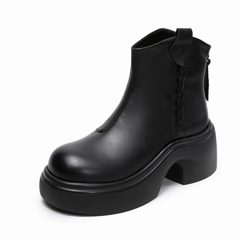 Rubber Snow Boots Women's Retro Plain Leather Platform Snow Boots
