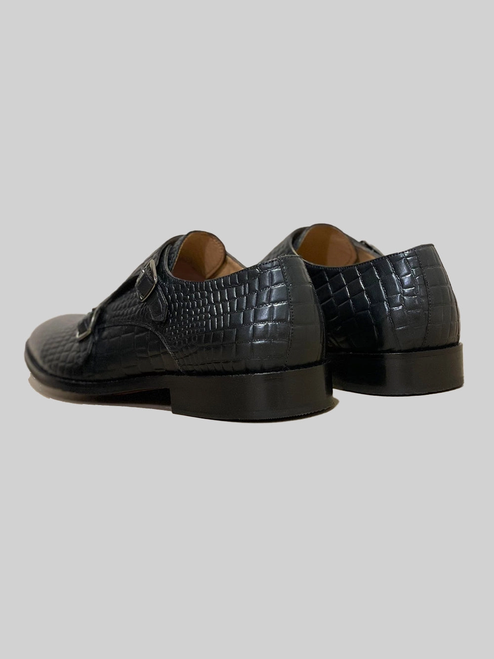 Designer Brogues CROC EMBOSSED DOUBLE MONK - BLACK