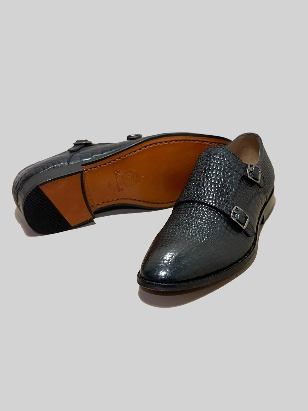CROC EMBOSSED DOUBLE MONK - BLACK Black Patent Brogues