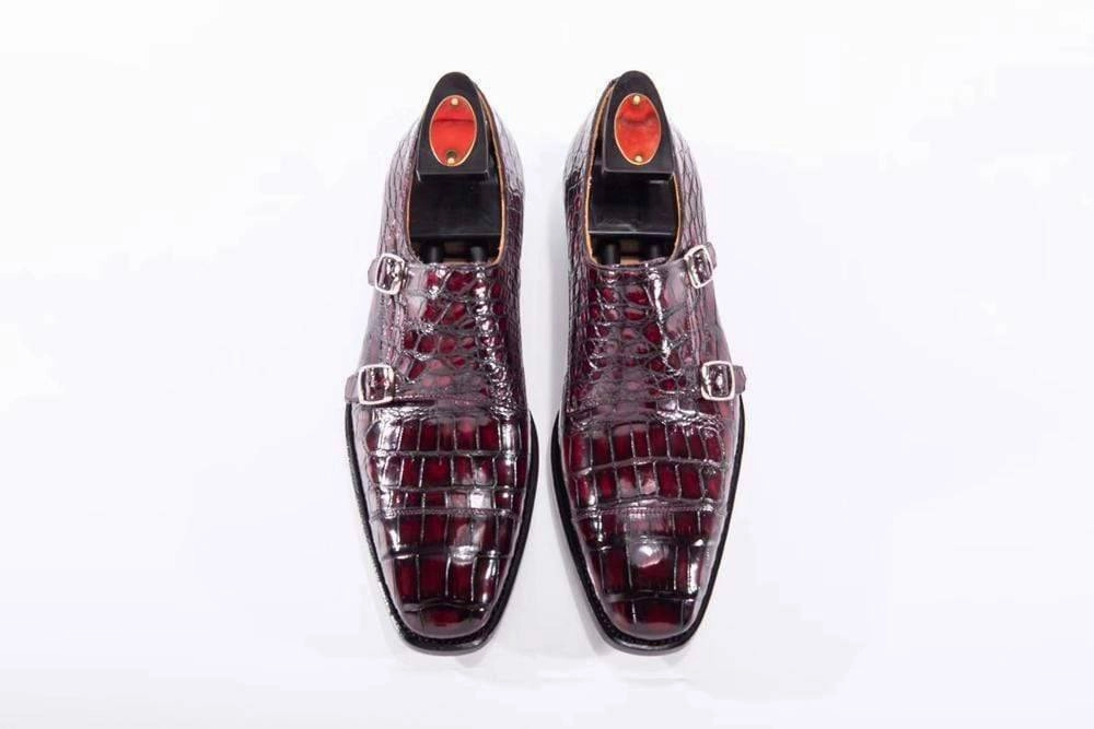 Crocodile Shoes Goodyear Fashion Double Monk Strap Mens Dress Shoes Crocodile Leather - Wine Red Richleigh Brogues