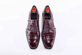 Crocodile Shoes Goodyear Fashion Double Monk Strap Mens Dress Shoes Crocodile Leather - Wine Red Navy Brogues