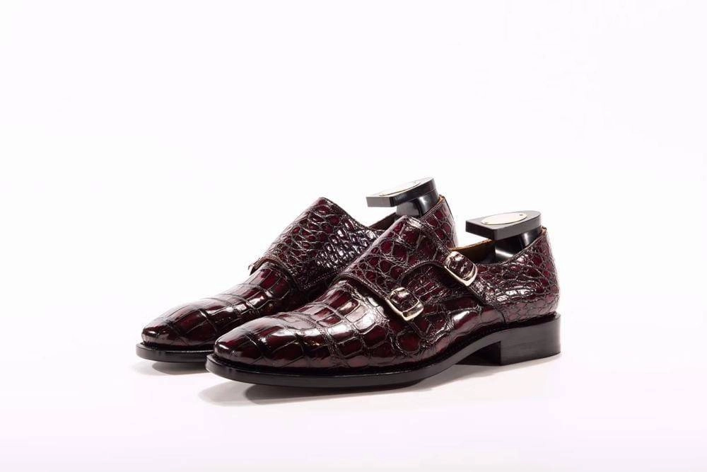 Chelsea Boots Brogue Crocodile Shoes Goodyear Fashion Double Monk Strap Mens Dress Shoes Crocodile Leather - Wine Red