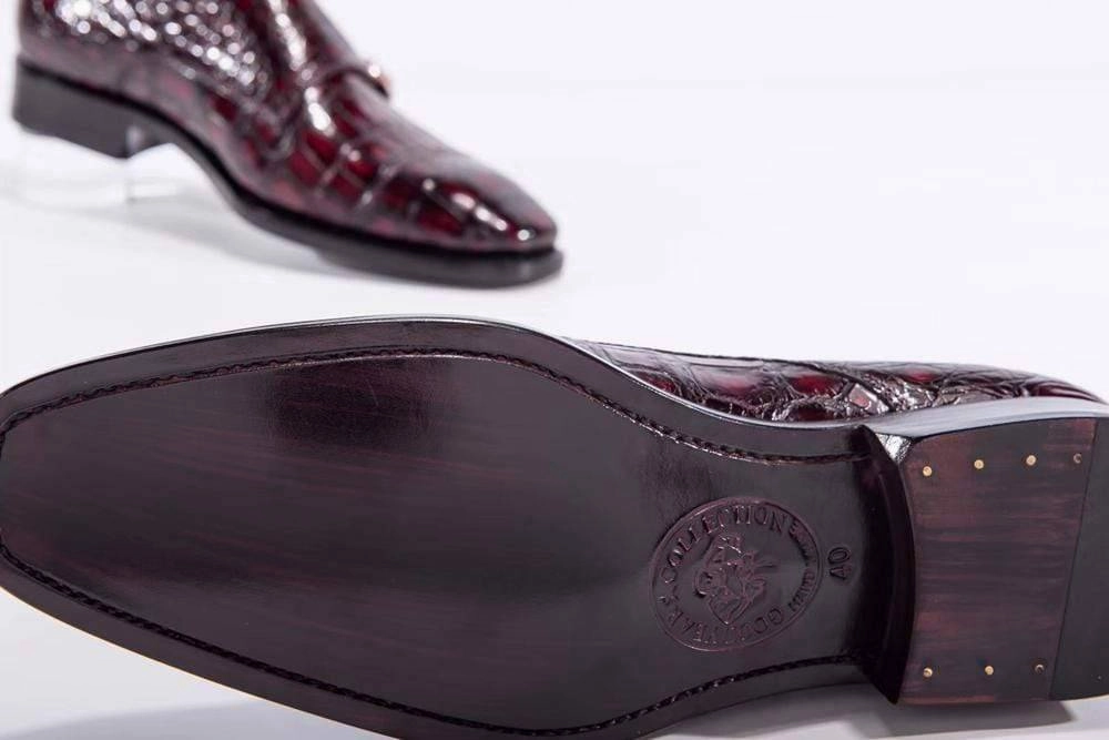 Brogue Boots Men Black Crocodile Shoes Goodyear Fashion Double Monk Strap Mens Dress Shoes Crocodile Leather - Wine Red
