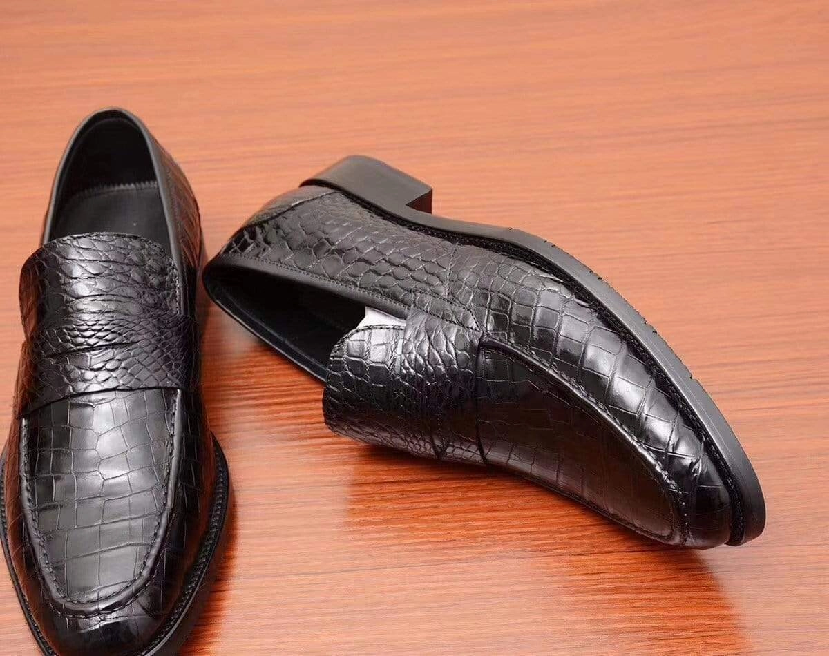 Crocodile Shoes Mens Crocodile Leather Casual Loafer Drive Shoes Black Sparkle Loafers