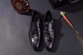 Loafers Navy Blue Crocodile Shoes Mens Crocodile Leather Penny Loafer Shoes Black