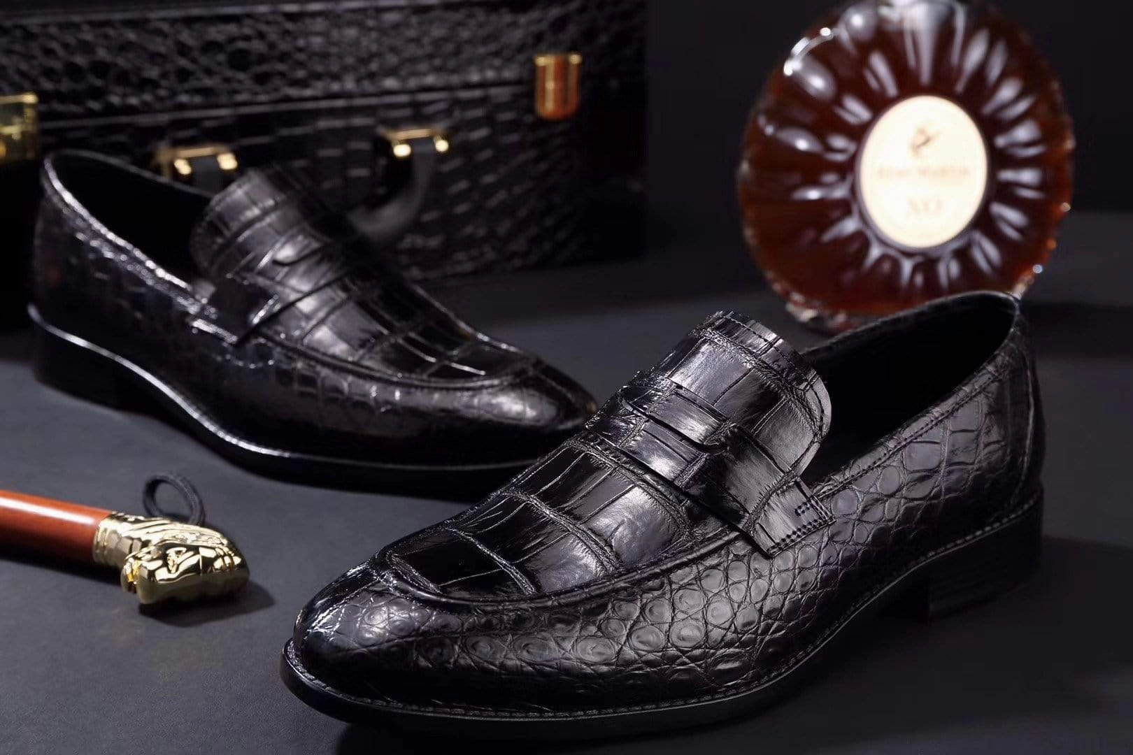 Crocodile Shoes Mens Crocodile Leather Penny Loafer Shoes Black Leisure Handsewn Penny Loafers