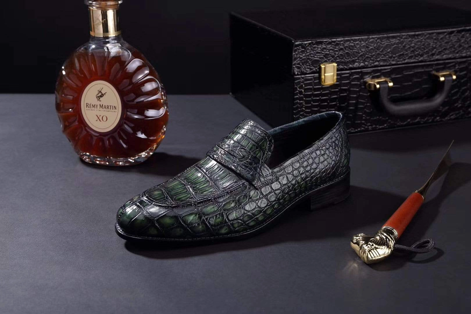 Crocodile Shoes Mens Crocodile Leather Penny Loafer Shoes Vintage Green Loafers With Gold Chain